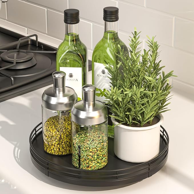 Oroyutor 9-Inch Oak Lazy Susan Spice Organizer, Black Finish | Rotating oak tray organizes spices, toiletries and decor on kitchen counters, bathroom vanities, dining and coffee tables. - Image 3