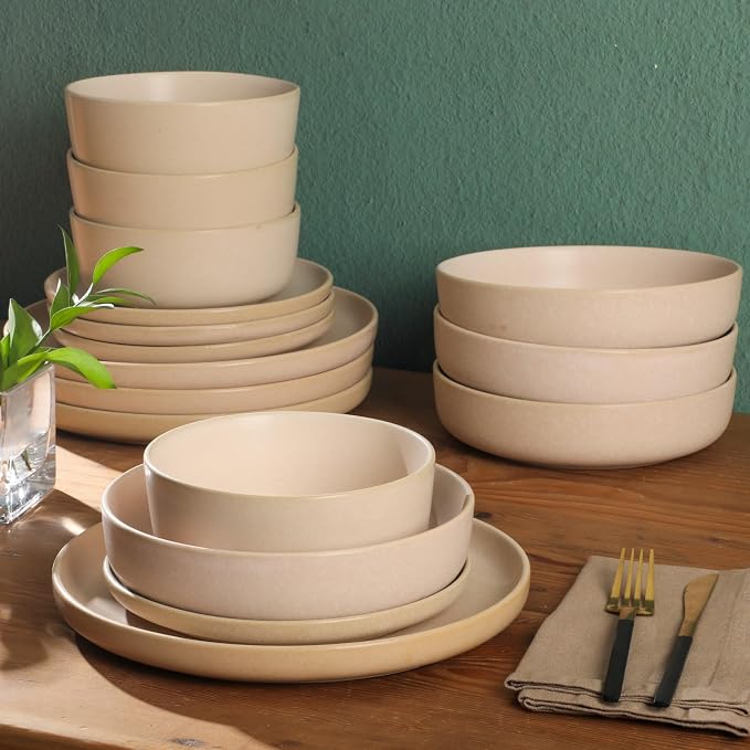 Gibson Elite Pasco 16 Piece (Service for 4) Plates and Bowls Double Bowl Reactive Glaze Dishes Stoneware Ceramic Dinnerware Set - Cream - Image 5