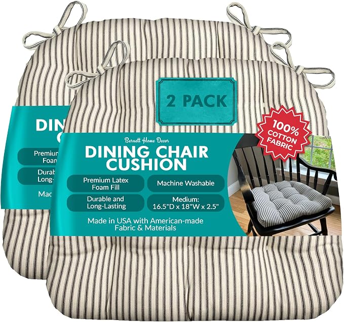 Barnett Home Decor Dining Chair Cushions, 16.5 x 18, Pack of 2 – Ticking Stripe Black – 100% Cotton, Latex Foam Fill by BarnettHomeDecor