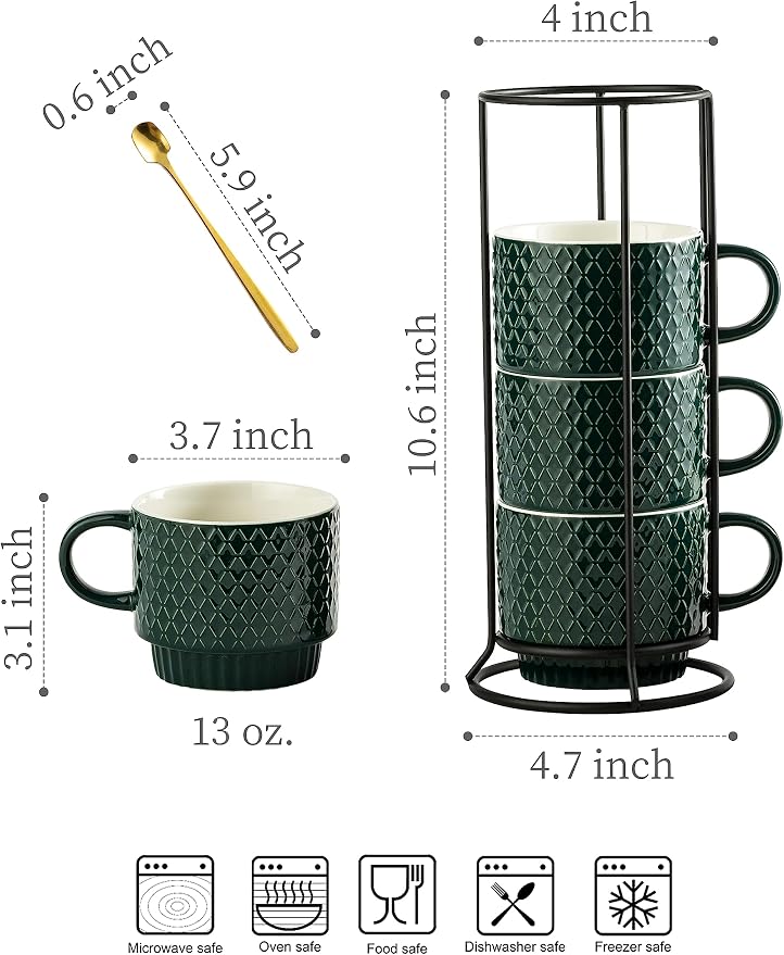 LYEOBOH Coffee Mug Set Porcelain Stackable Coffee Mugs with Stand and Spoons, 13 OZ. Cappuccino Cup Demitasse Cups for Drinks, Espresso, Latte,Set of 4, Dark Green - Image 2
