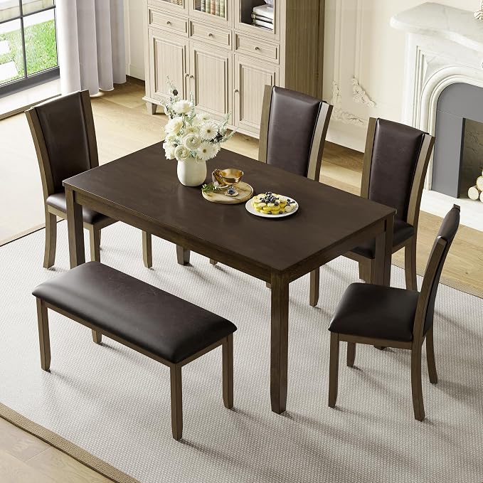 6-Piece Dining Table Set with Bench and Chairs - Solid Wood Kitchen Dining Room Table Set in Farmhouse Rustic Style, Table Set for 6 with 4 Chairs and Bench Seat.(Dark Walnut_Large) - Image 2
