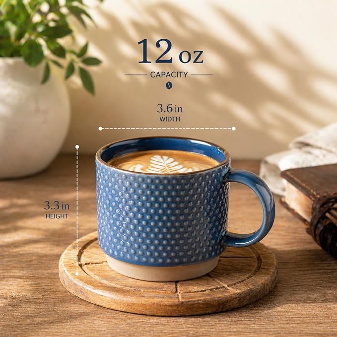 GBhome 12 OZ Stackable Coffee Mugs, Ceramic Coffee Mugs with Texture Patterns for Man,Woman,Dad,Mom, Modern Coffee Cups Set of 4 for Latte/Cappuccino/Cocoa. Dishwasher&Microwave Safe | 4 Assorted Designs, Embossed Mugs with Texture Patterns for Tea/Cof... - Image 3