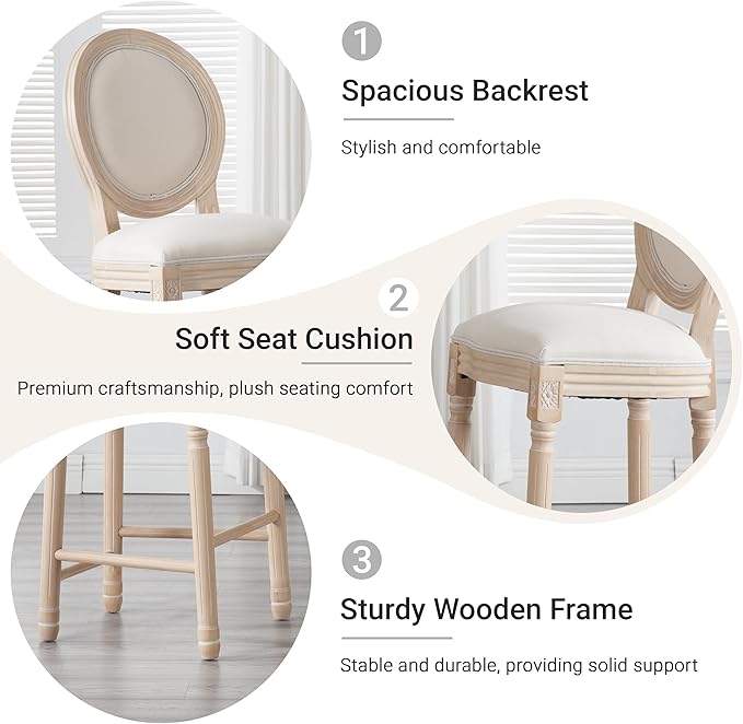 French Country Barstool, Linen Farmhouse Counter Height Chair | Set of 6, with Cushion Round Back and Solid Wood Legs, Oval Chairs for Restaurant, Bar, Kitchen, Café, Beige - Image 5