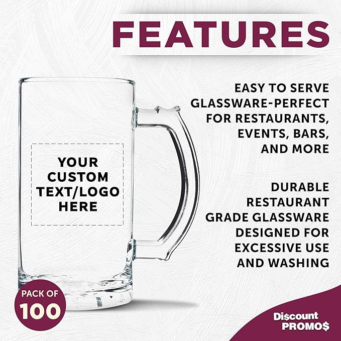 DISCOUNT PROMOS Custom Glass Beer Mug 16 oz. Set of 100, Personalized Bulk Pack - Great for Wedding Favors, Groomsmen Gifts, Birthday Gifts - Clear Bottom Color