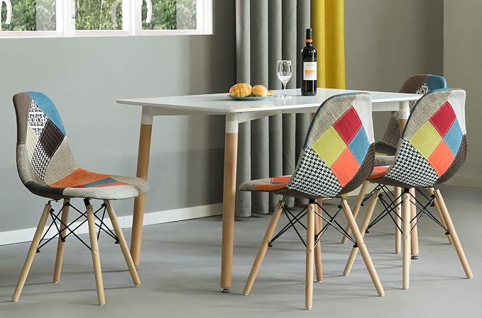 Mid-Century Modern Upholstered Plastic Multicolor Fabric Patchwork DSW Shell Dining Chair with Wooden Dowel Eiffel Legs - Image 3