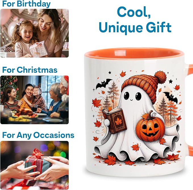 Hyturtle Fall Ghost Coffee Mug with Spoon Gifts for Book Lover on Halloween | Spooky Reading Themed Gifts for Readers, Fall Halloween Decor, Double-sided print 11oz ceramic mug, Comfort grip handle - Image 8