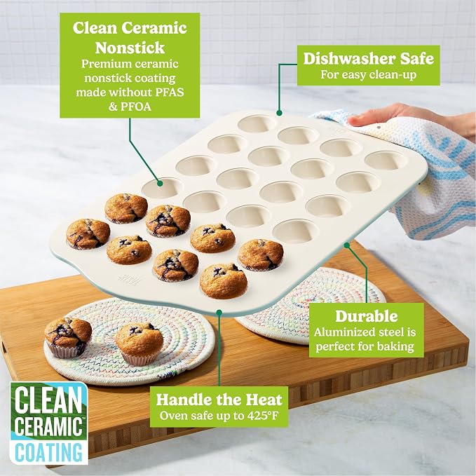 Tasty Clean Ceramic 24-Cup Mini Muffin Pan, Durable Aluminized Steel for Professional Results, Clean Ceramic Nonstick Coating, Oven Safe to 425°F, Dishwasher Safe, Aqua - Image 3
