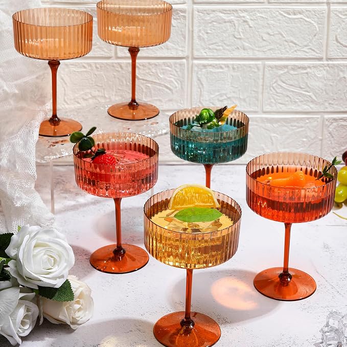 Jingmore 12 Pcs Ribbed Martini Glasses 10 oz Disposable Plastic Vintage Ribbed Coupe Glasses Unbreakable Dessert Parfait Glassware for Wedding Birthday Party Supplies (Brown) - Image 3