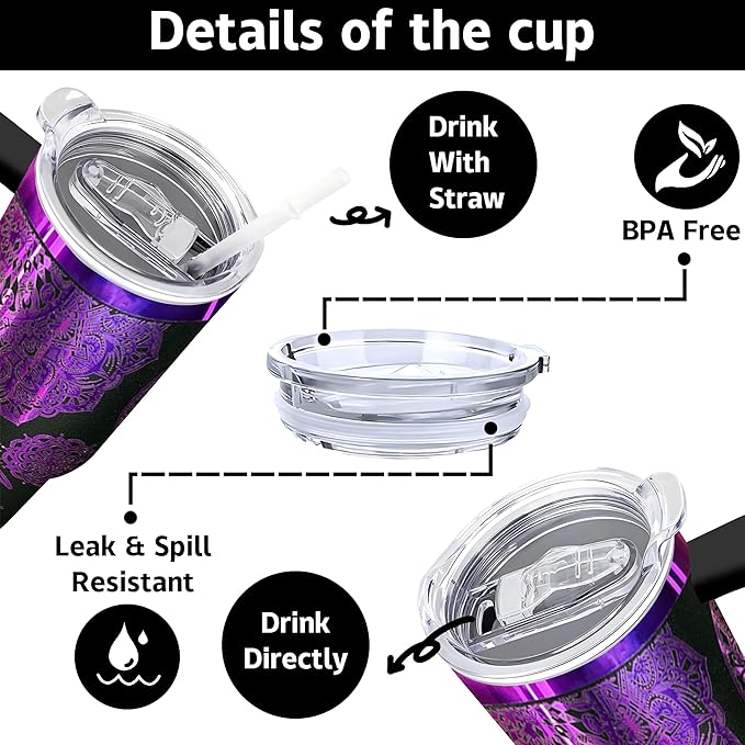 40 oz Bohemia Laser Engraving Tumbler With Handle With Lid Straw Double Insulated Travel Coffee Cup Boho Travel Accessories Must Have Gifts For Women