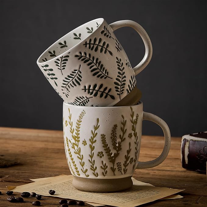 18 Oz Large Ceramic Coffee Mug Set of 2 - Rustic Handmade Floral Mugs with Handle, Microwave Safe for Latte Espresso Cappuccino Tea Cocoa Milk, Modern Unique Big Cups for Kitchen Women(Sage Green) - Image 2