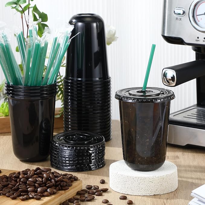 Baderke 25 Set Plastic Cups with Lids and Straws, Disposable Plastic Iced Coffee Cup for Cold Beverage Juice Smoothie Crystal for Coffee Shops Party Catering(Black,16 oz) - Image 2