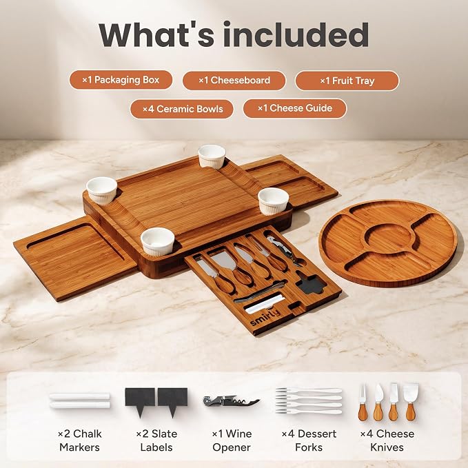 SMIRLY Charcuterie Boards Set, Large Cheese Board Set, Carbonized Bamboo | House Warming Gift, Wedding Gift for Couple, Bridal Shower Gift, Cheese Board Gift Set, Detachable Drawer Design, 3-Drawer - Image 2