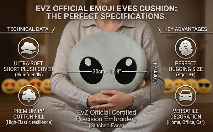 EvZ Official Certified Alien Emoji Pillow - 31cm Large Soft Plush Grey Outer Space Emoticon Cushion - Unique Decorative Stuffed Toy for Sci-Fi Fans, Techies & Modern Room Decor (Grey) - Image 6