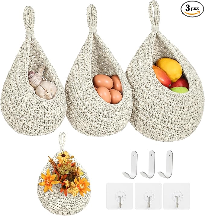 Boho Wall Hanging Fruit Baskets for Kitchen 3 Pack Woven Produce Holder with 6 Pcs Strong Hooks Vegetable Hanging Basket for Organizing Teardrop Home Wall Potato Onion Storage, White by INJORAN