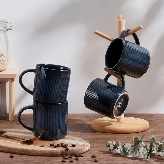 E-far Coffee Mugs Set of 4, 12 oz Stoneware Coffee Cups with Handle for Latte, Tea, Cocoa, Milk, Modern Ribbed Ceramic Mugs for Man Woman, Microwave & Dishwasher Safe, Midnight Blue - Image 7