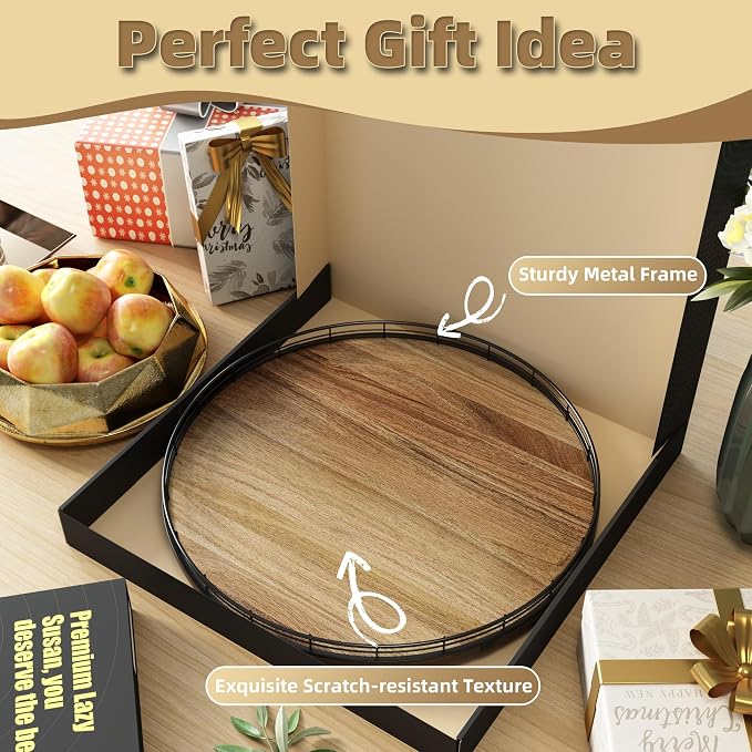 Acacia Wood 18" Lazy Susan Turntable Organizer for Table Top, Farmhouse Large Round Lazy Susan for Cabinet Kitchen Centerpieces Dining Table, for Condiments Charcuterie, Bathroom Vanity Tray Decor - Image 6