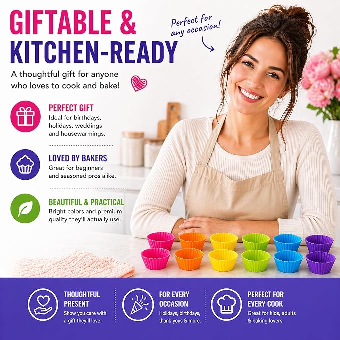 Cupcake Liners - Reusable Silicone Cupcake Baking Cups - Non-Stick Baking Muffins Mold - Use As Lunch Box Dividers - Set of 12 Kitchen Accessories - Great Gift Idea - Image 6