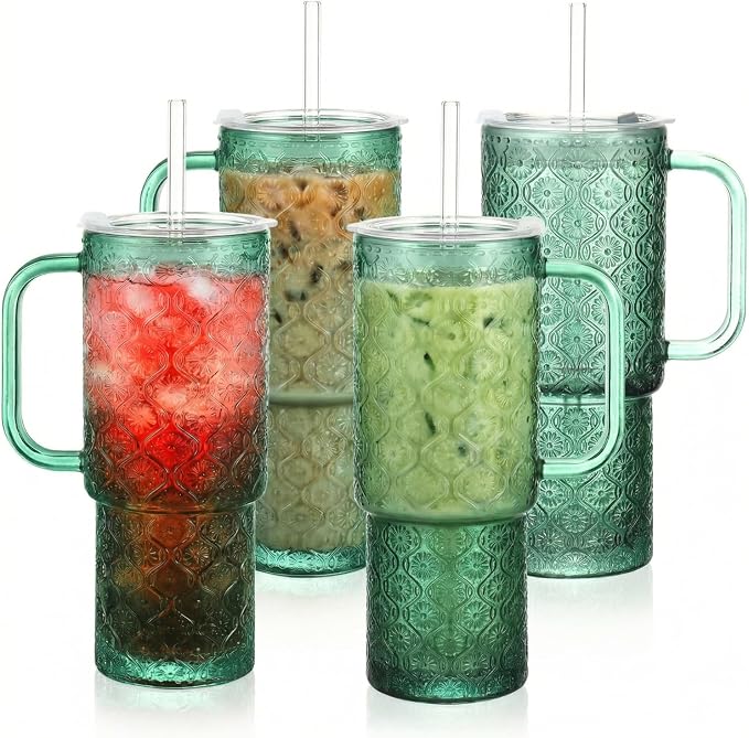 20 oz Green Glass Tumbler with Lid and Straw, Glass Iced Coffee Cups, Spill-proof Glasses Tumbler with Handle, Hobnail Glasses Drinking Set of 4, Vintage Glassware for Cocktail, Smoothies by Unknown