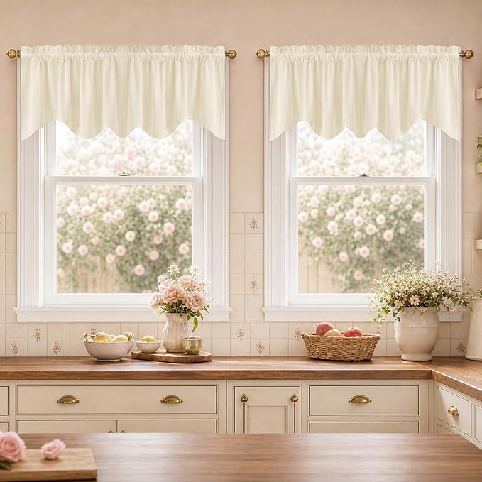 Velvet Window Valance 52x18 Inch 4-Panel Set | Soft Wavy Ivory White Kitchen Curtains for Windows, Luxury Fabric Aesthetic Window Treatment for Bay Window, Living Room by StangH