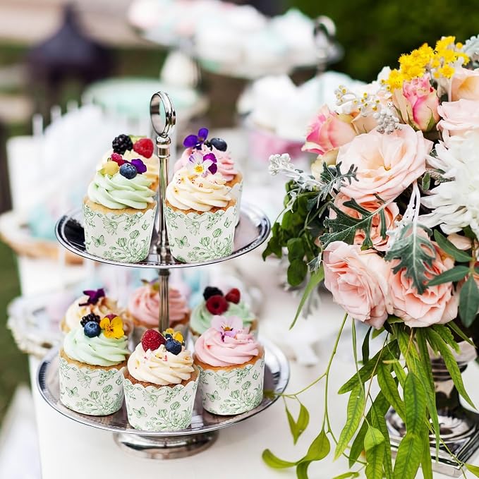 Qinyoung 150 Pcs Sage Green Floral Cupcake Wrappers Liners Chinoiserie Green Wildflower Paper Baking Cups Cupcake Disposable Cottagecore Muffin Cases for Wedding Baby Shower Birthday Tea Party Decor - Image 5