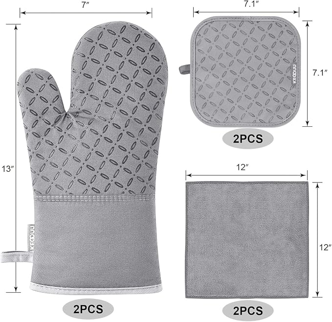 KEGOUU Oven Mitts and Pot Holders 6pcs Set, Kitchen Oven Glove High Heat Resistant 500 Degree Extra Long Oven Mitts and Potholder with Non-Slip Silicone Surface for Cooking (Light Gary) - Image 2