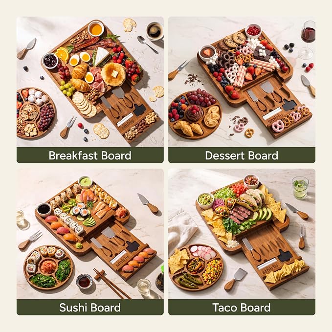 SMIRLY Charcuterie Board Set with Serving Accessories, Bamboo Brown | Housewarming and Wedding Gift for Couples, Designed for Movie Nights, Wine Nights and Serving Snacks at Home Gatherings - Image 5