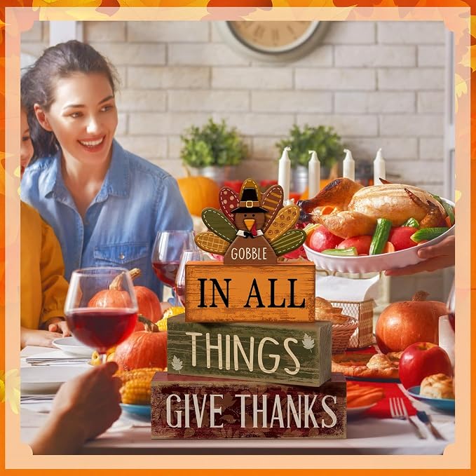 Moucuny 4 Pcs Fall Decorations for Home Wooden Turkey Decor Thanksgiving Tiered Tray Decor Thanksgiving Table Centerpiece Rustic Wooden Gobble Turkey Block Sign for Autumn Harvest Party Kitchen Shelf - Image 6