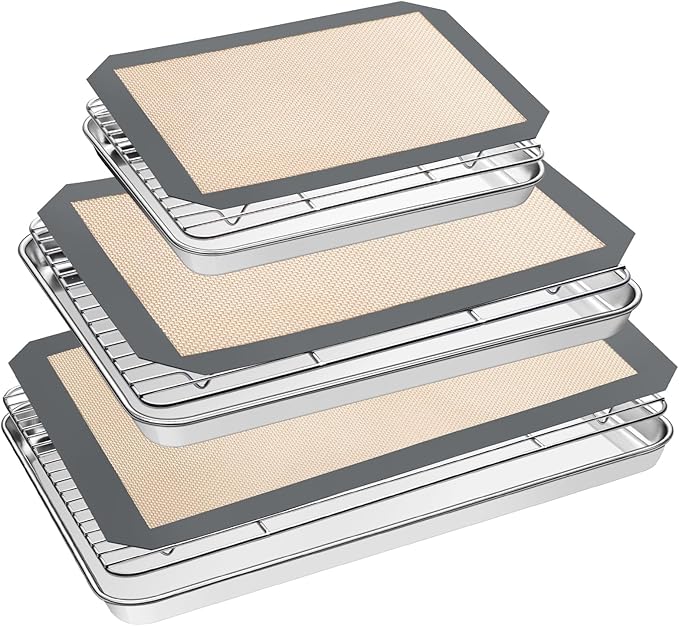 Baking Sheet Tray Cooling Rack with Silicone Mat Set, Stainless Steel Cookie Pan For Oven, Set of 9 (3 Sheets + 3 Racks Mats), Warp Resistant & Heavy Duty & Easy Clean, Grey by EWFEN