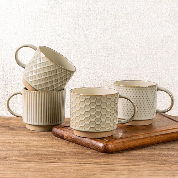 GBhome 12 OZ Stackable Coffee Mugs Set of 4, Ceramic Coffee Cups Set | 4 Assorted Designs, Embossed Mugs with Texture Patterns for Tea/Coffee, Dishwasher&Microwave Safe, Pale Khaki by GBhome
