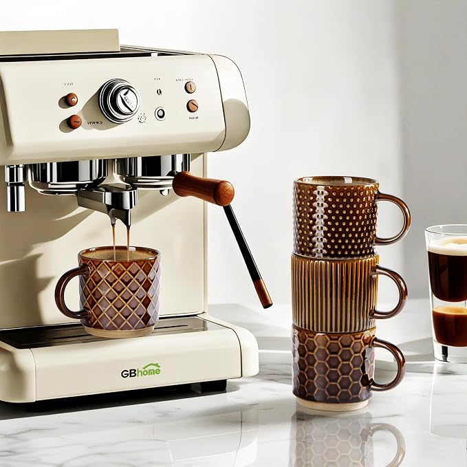 GBhome 6 OZ Stackable Coffee Mugs Set of 4, Ceramic Coffee Cups Set | 4 Assorted Designs, Embossed Mugs with Texture Patterns for Espresso/Tea, Dishwasher&Microwave Safe, Caramel - Image 4