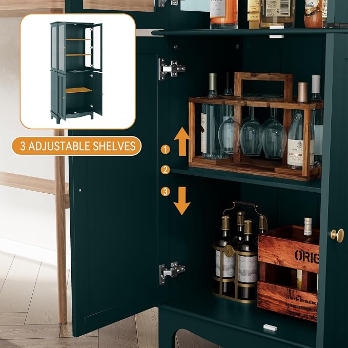 72" Tall Kitchen Pantry Cabinet with Glass Door and Adjustable Shelves, Vintage Food Storage Cabinet for Kitchen, Dining Room, Living Room, Teal - Image 6