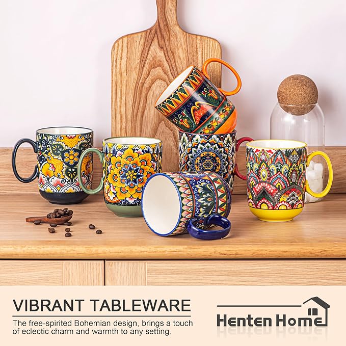 Henten Home Ceamic Coffee Mug Set of 6, 14 oz Colorful Latte Cup with Handle, Boho Floral Mug for Hot Cocoa, Milk, Tea, Chocolate, Microwave & Dishwasher Safe - Image 4