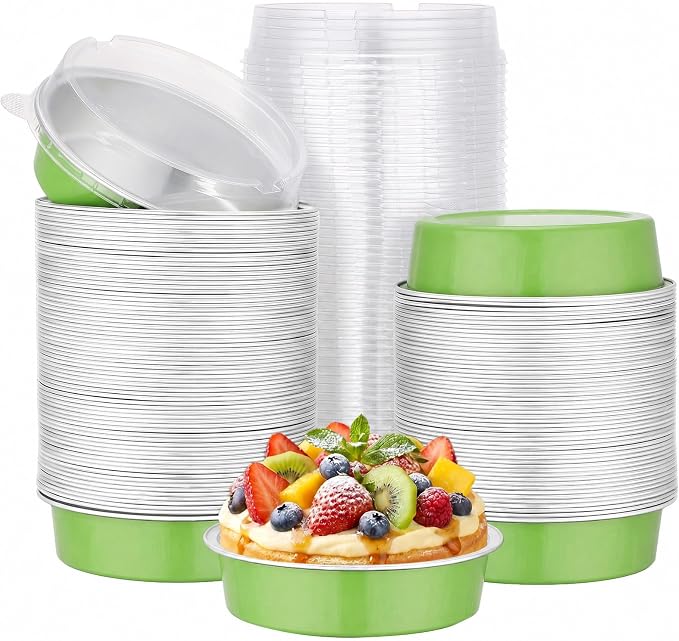 Beasea Mini Tart Pans with Lids 120 Pack, 7.3oz 4 Inch Matcha Green Disposable Aluminum Foil Baking Cups Pie Tart Tins Individual Dessert Mini Cake Containers Oven Dishes for Cheesecake Muffin by Beasea