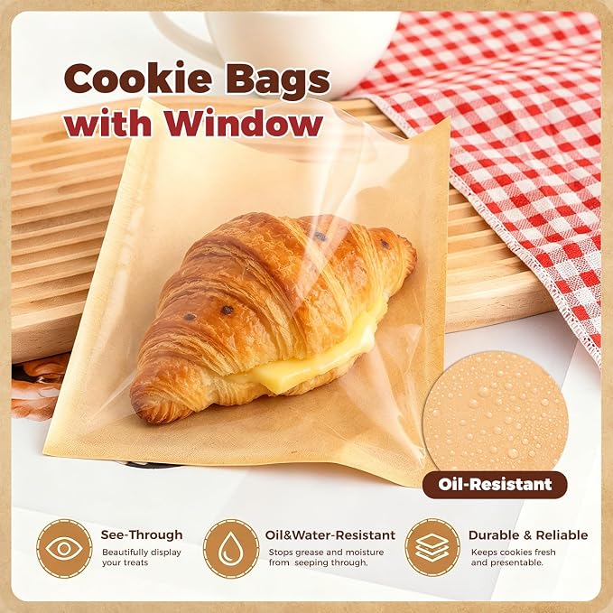 120PCS Cookie Bags with Seal, 7.1 x 7.5 Inch Cookie Packaging with Stickers | Heat Sealable & Grease Resistant Paper Bakery Bags with Window, Pastry Bags for Bake Sale Treat Scone Donut Brownie - Image 4