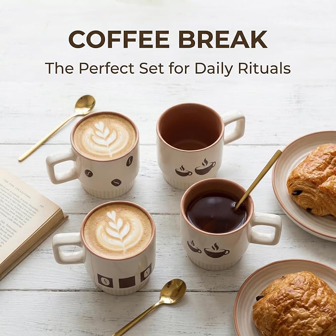 Stackable Coffee Mug Sets of 4 with Rack Tea Cup Set with Spoon 11oz for Coffee, Tea, Cocoa, Cappuccino, Hot Chocolate Ceramic Espresso Cups with Coffee Cup Holder, theme of Trendy - Image 4