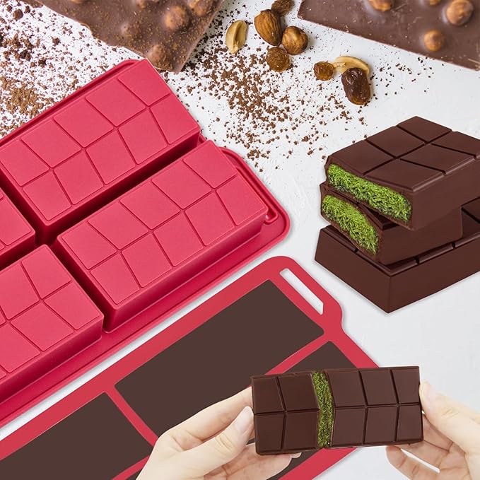 Chocolate Bar Mold 0.82inch Deep 2 Pack,Thick Dubai Stuffed Pistachio Silicone Molds Kit for Making Large Shapes Filling Candy Granola Bar and Pastry