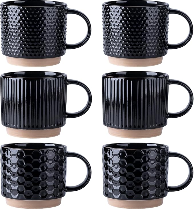 GBhome 12 OZ Stackable Coffee Mugs Set of 6, Ceramic Black Coffee Cups Set | 3 Assorted Designs, Embossed Mugs with Texture Patterns for Tea/Latte/Cappuccino, Dishwasher&Microwave Safe by GBhome