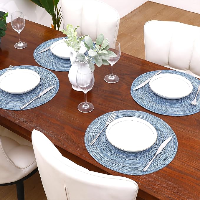 SHACOS Round Braided Placemats Set of 4 Dining Table Placemats 15 inch Circle Place Mats Easy to Clean Table Mats Indoor Outdoor, Blue Gray - Image 3