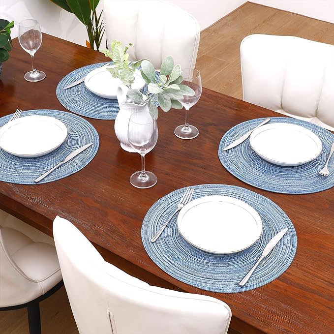 SHACOS Round Braided Placemats Set of 12 Circle Place Mats Cotton Polyester Kitchen Table Mats for Dining Table Wedding Party Decor (Blue Gray, 12) - Image 2
