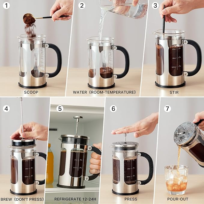 BAYKA 34oz French Press Cold Brew Coffee Maker, Heat and Cold Resistant Thickened Borosilicate Glass Stainless Steel Coffee Press, Iced Coffee Pot Tea Pitcher for Kitchen Travel Camping,1 Liter,Silver
