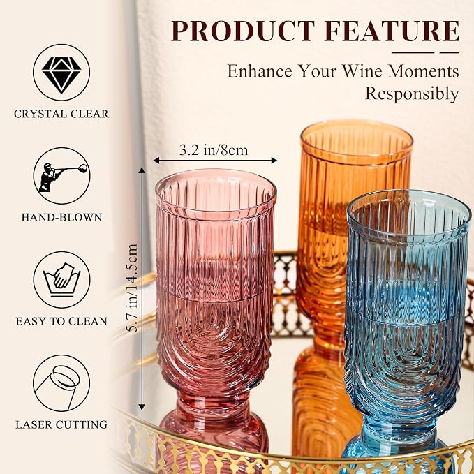 Colored Vintage Drinking Glasses Set of 6-17oz Hand-Blown Highball Ribbed Glassware, Arch Design Cocktail Glasses for Whiskey Water Beverages Ice Coffee Juice Milk - Image 2