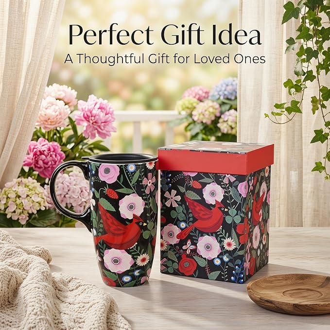 Topadorn 17oz Ceramic Travel Mug, Botanical Floral Bird Coffee Mug with Lid | Ceramic Coffee Mug with Handle, Microwave & Dishwasher Safe, Gift Box Included for Coffee, Tea and Latte - Image 5