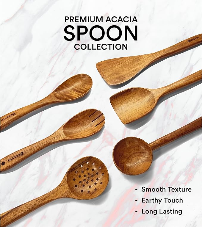 Zalvio 6-Piece Acacia Wood Cooking Utensil Set – Handmade Wooden Spoons & Spatulas | Heat-Resistant, Nonstick, Eco-Friendly Kitchen Tools