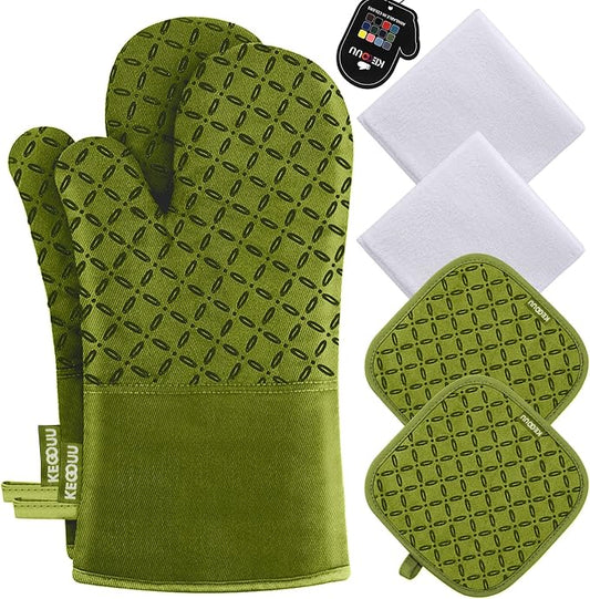 KEGOUU Oven Mitts and Pot Holders 6pcs Set, Kitchen Oven Glove High Heat Resistant 500 Degree Extra Long Oven Mitts and Potholder with Non-Slip Silicone Surface for Cooking (Olive Drab) by KEGOUUOvenMitt