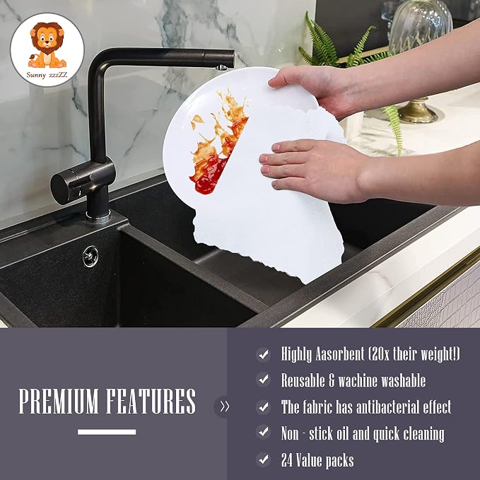 Sunny zzzZZ 24 Pack Kitchen Dishcloths - Does Not Shed Fluff - Reusable Dish Towels, Dish Cloths, Super Absorbent Coral Fleece Cleaning Cloths, Nonstick Oil Washable Fast Drying, 7 x 9 Inch (White) - Image 7