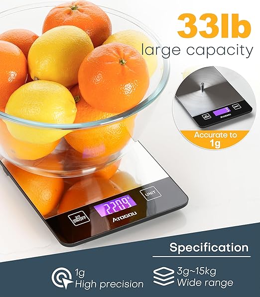 Atogou 1g/ 33lb Food Scale, Rechargeable Kitchen Scale with Full-View Backlit LCD Display, Stainless Steel Surface, USB Charging or AAA Batteries (not Included), for Baking, Cooking, Food