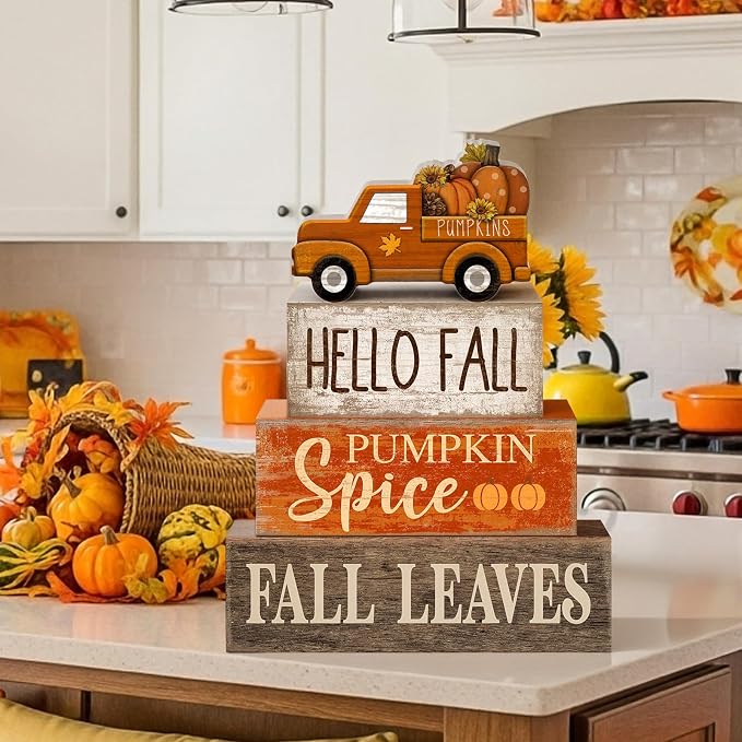 Moucuny 4 Pcs Fall Decoration for Home Fall Truck Decor Thanksgiving Tiered Tray Decor Rustic Wooden Truck Block Sign Thanksgiving Centerpiece Autumn Table Decorations for Harvest Party Kitchen Home - Image 4