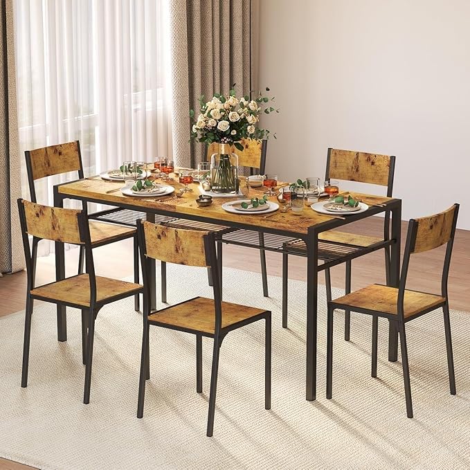 Gizoon 7-Piece Dining Table Set for 6, Kitchen Table with Chairs Rustic | Spacious rustic 6-person dining set with under-table storage rack. Ergonomic chairs slide under table to maximize space. by Gizoon
