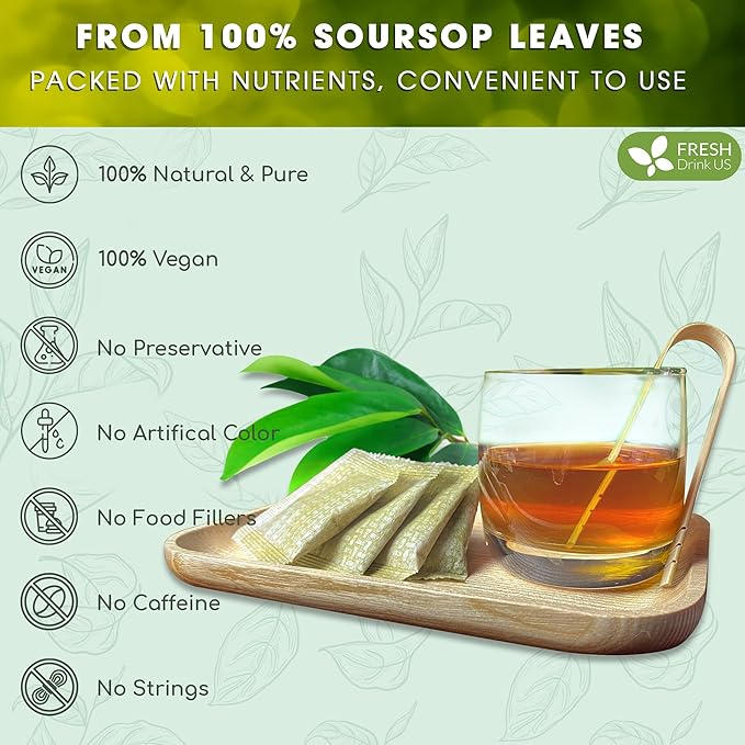 FreshDrinkUS, Premium 90 Soursop Graviola Leaf Tea Bags, 100% Natural and Pure from Soursop Leaves, Handmade, Made With Natural Materials-Corn Fiber Tea Bag, Sugar/ Caffeine/ Gluten Free, Hoja Guanabana Tea
