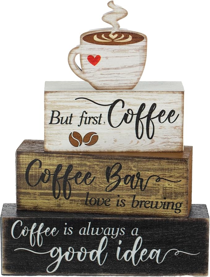Moucuny 4 Pcs Wooden Coffee Bar Tabletop Decor Coffee Tiered Tray Decor Rustic Wood Bar Sign Gift Farmhouse Table Centerpiece Farmhouse Decorations for Home Kitchen by Moucuny